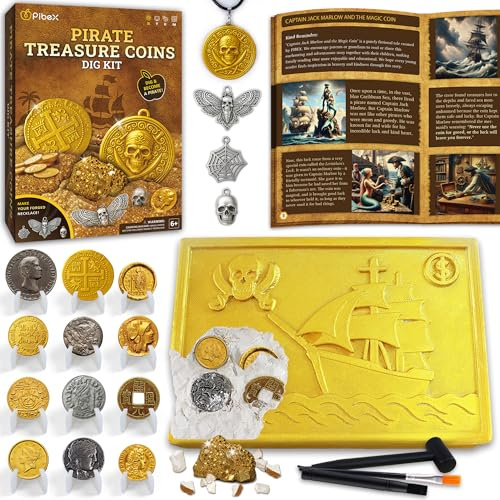 PIBEX Pirate Treasure Coins Dig Kit – Dig & Collect 16+ Ancient Metal Coin Replicas, Fool’s Gold & Pirate Charms – STEM Archaeology & Necklace Making Kit, Coin Collecting Gift Toy for Kids Ages 6+
