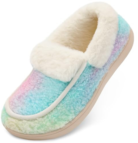 BARERUN Womens Slippers Fuzzy Collar Slipper Boots for Women Wide Toe House Shoes Slip-On Womens Moccasin Camping Travel Slippers with Non Slip Rubber Sole Indoor/Outdoor Colorful 7 Wide