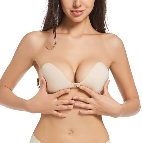 Stick on Bra Push Up - Sticky Bra for Large Breasts Womens Backless Strapless Bras Ladies Invisible Adhesive Silicone Stick-On Bras Reusable Gel Cups For Deep V Cleavage Backless Dresses, Wedding