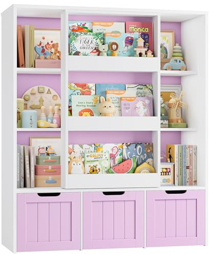 FOREHILL Libreria Montessoriana per Bambini, Porta Giochi Bambini con Porta Scorrevole, Mobile Porta Giochi a 6 Scomparti Aperti, a 3 Cassetti su Ruote, per Sala Giochi, 100x37x120,5cm (Lilla)