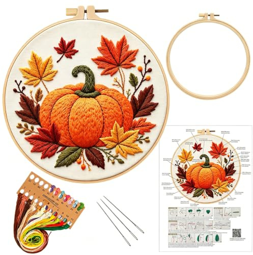Beyinkoy Kits de broderie « Citrouille », ensemble de broderie « Feuilles d'automne d'Halloween » avec cerceau, fils, aiguilles, kit de broderie à faire soi-même, cerceau de 20 cm (CX1386)