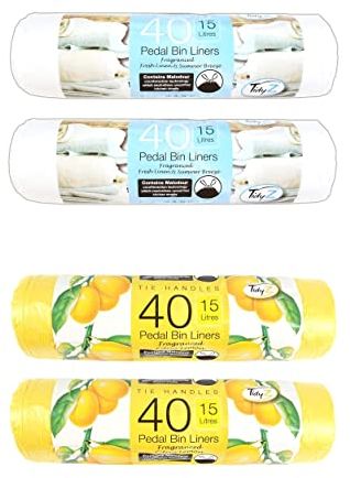 160 Pack Pedal Bin Liners Scented Fragrance 15L With Tie Handles Prevent Odours. Available in 4 Pack of 40 Liners (Lemon)