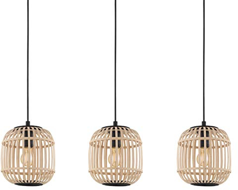 EGLO Pendelleuchte Bordesley, 3 flammige Hängelampe Vintage, Natur, Boho, Hygge, Hängeleuchte aus Stahl in Schwarz und Holz in Naturfarben, Esstischlampe, Wohnzimmerlampe hängend mit E27 Fassung