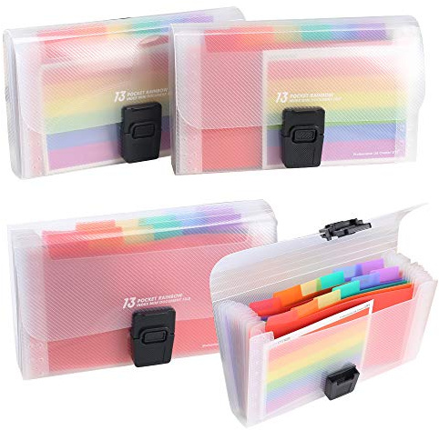4 Pack Expanding File Folder, AILANDA A6 13 Pockets Rainbow Document Organiser A6 Accordion Folder Receipt Organiser Wallet Case with Labels Index for Bills Cards Coupons 17.7 x 10.5 x 2.5cm