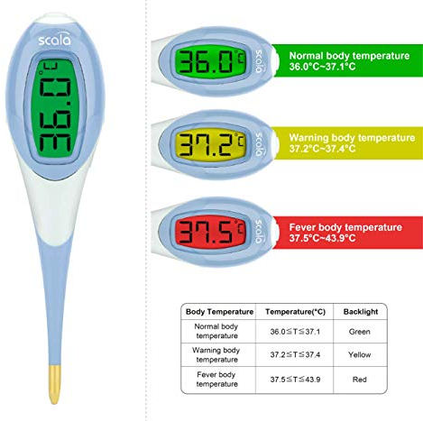 scala SC 2050 Digitales Fieberthermometer – großes, leuchtendes LCD mit Farb-Alarm (grün/gelb/rot) – flexible nickelfreie Spitze, wasserdicht, Batterie wechselbar; für Baby, Kinder, Erwachsene