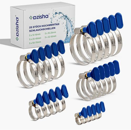 AZISHA Schlauchschellen Set 10-70mm - 25 Stücke Edelstahl - Einstellbare Mit Flügelmutter - Mehrzweck Pool Schellen für Gas, Wasser, Waschmaschine Und Kfz