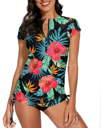 BesserBay T-shirt rashguard à manches courtes pour femme, protection solaire UPF 50+, taille S à XXL, Fleurs rouges, XXL