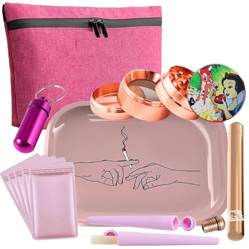 Pink Rolling Tray Smoking Accessories Kit - Large Smell Proof Bag, Pink Metal Rolling Tray, Pre Roll Tubes, Grinder and More (Pink Rolling Tray Kit)