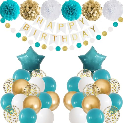 Jobkoo Teal and Gold Birthday Decorations, Turquoise Party Decor Aqua Blue White Gold Balloons Banner Foil Balloon Pom Poms for Women Girls Birthday Party Supplies