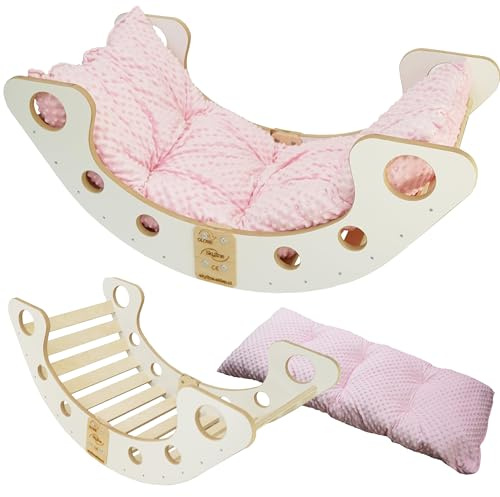 Skyline Balancelles Bascule Enfant Montessori Bebe 1 an Escalade Arche en Bois Mur descalade meble Arc à Grimper Bascule d'équilibre Portique d'escalade avec Coussin L Blanc/Rosa