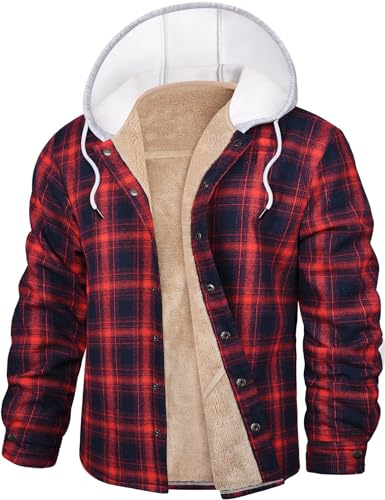 UMIPUBO Felpa Uomo Felpa con Cappuccio Fodera in Pile Invernale Giacca Flanella Plaid Boscaiolo Spesso Camicia con Bottone Cotone Caldo Cappotto Hoodies Sweatshirt con Tasche (Rosso+Blu, M)