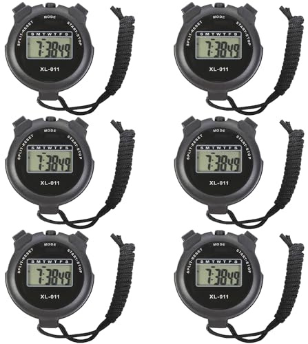 6-Pack Digital Sport Stopwatch Timer, Electronic Large Display with Date Time and Alarm Function, Multi-Function Sports Coaches Fitness Coaches and Referees Black