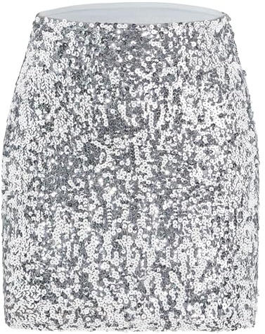 Durio Pailettenrock Für Damen Glitzer Rock Kurz Damen Sexy Midi Skirt Hüftrock mit Elastische Taille Party Rave Outfit Silber L