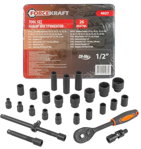 FORCEKRAFT Set di attrezzi da 26 pezzi, 1/2 pollici, con prolunghe e adattatori, set di strumenti flessibili per officina, fai da te e auto, set robusto per riparazione e montaggio