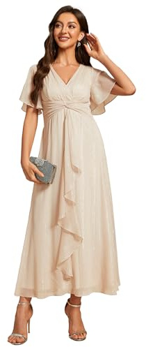 Ever-Pretty Vestido de Novia Glitter Clásico Cuello en V Imperio A-Line Cintura Alta Ruffle Manga Corta Vestido Cóctel De Fiesta Champán 44