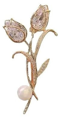 fdsmall Brosche Pins für Frauen - Gold, Geblümt - Brosche mit Perle, Kristall, Tulpe - Blume Brosche - Mode Accessoire - Elegante Kleid Dekoration - Einheitsgröße