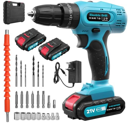 Bellanny Cordless Drill Driver 21V, 50N.m Electric Drill Set, 25+3 Torque Cordless Hammer Drill, 2 Speed, 2.0AH Battery, 25+3 Torque, 3/8'' Keyless Chuck, LED Light for Home and Garden DIY Project