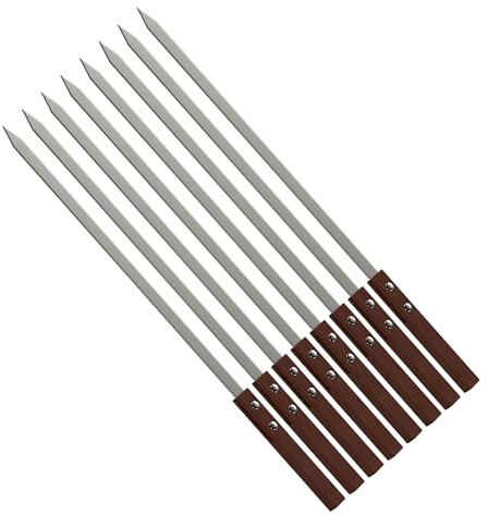 DIOXSTAR BBQ Flat Skewers, Heavy Duty Material, Ergonomic Wooden Handle, Heat Resistant, Reusable, Easy to Clean, Non-Slip Surface, Ideal Use On Outdoor BBQ, Family Party, Camping, 40cm (8Pcs)