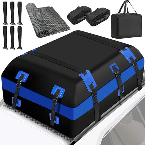 Extra Grand Sac Coffre De Toit Voiture 651L 23 Cubic Ft Souple Pliable avec/sans Barre De Toit 700D PVC étanche avec Attache Coffre De Toit Tapis Antidérapant 10pcs Sangles Renforcées 6 pcs Crochets