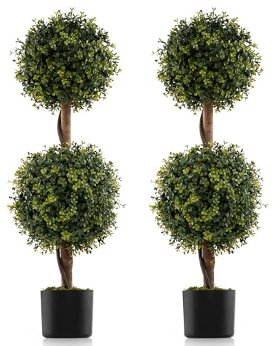 GIANTEX Juego de 2 Árboles Artificiales Topiarios de Boj, Plantas Falsas con Hojas Realistas de PE y Tronco Simulado, Maceta de Cemento y Cubierta de Musgo, Planta para Entrada, Salón