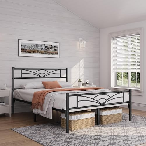 Yaheetech Cama Doble con Espacio Bajo Marco Metal Altura 32 cm Cama Individual con Cabecera para Colchón de 135 x 190 cm Negro