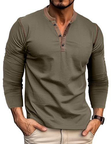 Mens V Neck Henley T Shirt Long Sleeve Collarless Grandad Shirts Green T Shirt XL