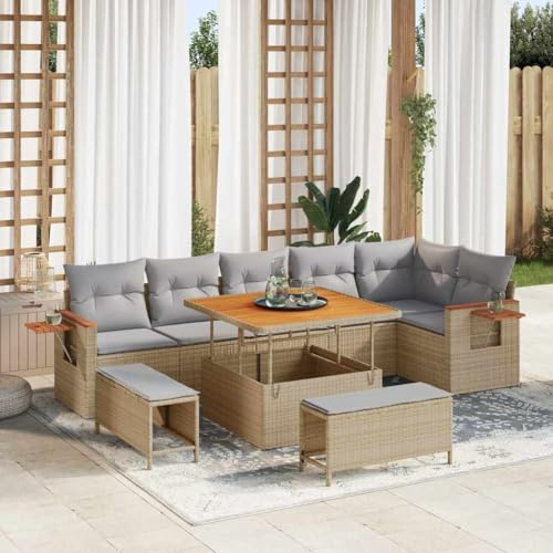 Ensemble de canapé de jardin, 9 pièces, beige, gris clair, en rotin synthétique et cadre en acier, résistant aux UV, groupe de sièges d'extérieur modulaires, pour terrasse et jardin, 100 x 100 x 71 cm