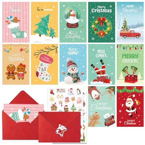 ZukQvrivelig Set de Tarjetas de Navidad, 2 Tarjetas de Navidad con Sobre + 2 Pegatinas, Tarjetas Postales de Navidad Coloridas para Deseos, Kit DIY para Amigos & Familia