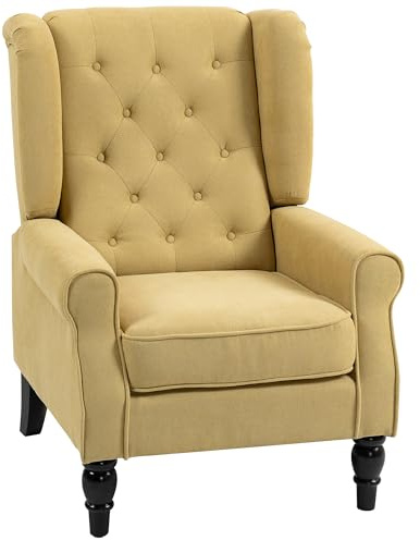 HOMCOM Wingback Accent Chair, Snow Flannel Armchair with Thick Spring Cushion, High Back, Solid Wood Legs, Retro Button Tufted Reading Chair for Living Room, Bedroom, Yellow