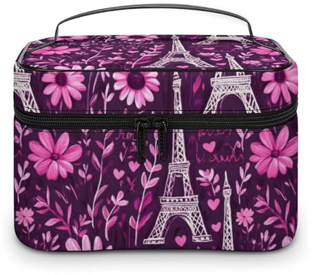 Grande borsa da viaggio per trucchi, organizer da viaggio in pelle con stampa Torre Eiffel rosa, borsa da viaggio per cosmetici da donna, per la cura della pelle delle unghie, organizer per trucchi