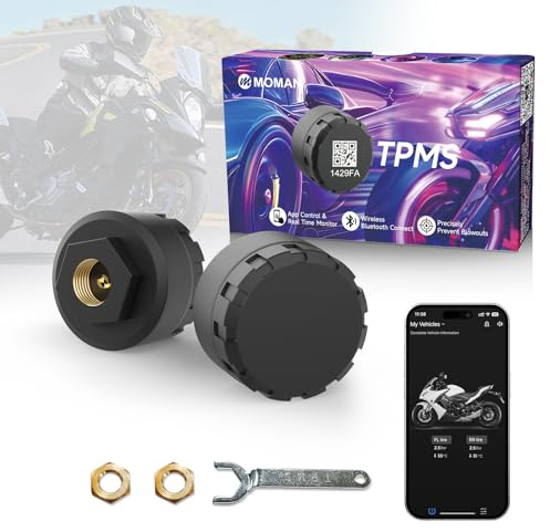 Moman Motocicletta TPMS 2 sensori Sistema di controllo della pressione dei pneumatici con app, monitoraggio della pressione e della temperatura dei pneumatici con funzione di allarme, compatibile solo
