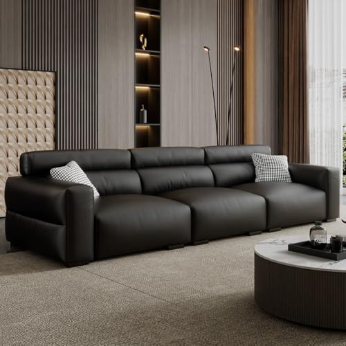 Italiensk modern minimalistisk svart lädersoffa, massiv träram, rymlig och mjuk soffa, modern stor storlek, lämplig för vardagsrum/kontor/lägenhet.