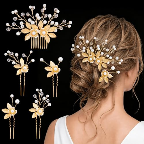 MELLIEX 5 Pièces Épingles à Cheveux de Mariage, Perle Accessoires de Cheveux de Mariée, Fleur Pince à Cheveux de Mariée Bijoux à Cheveux pour Femmes (Doré)