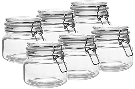 Clip Top Glass Jars - 500ml Set of 6 | Reusable Stickers with Pen | Mason Jar | Airtight Storage | Kitchen Preserving & Spice Containers | Cookie Tea Coffee Sugar | M&W