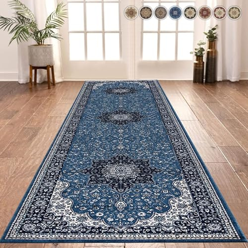 renoazul® Traditional Long Hallway Runner Rug - Rome Blue - 80 x 300 cm - Washable Kitchen Rugs, Hall Runners and Living Room Carpet Runner Rug