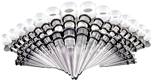 vogem Acryl Ohr-Stretching-Kit 50 Stück Dehnstab Taper Plugs Ohrdehner Set 16g-00g Silikon Ohr Tunnel Dehnset Damen Herren (Transparent)