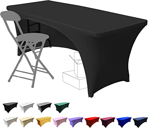 Dololoo Stretchable Tablecloths 6ft for Rectangle Tables with Open Back, Fitted Spandex Rectangular Patio Table Covers, Wedding, Party, Kitchen, Beauty Event Decoration-Black