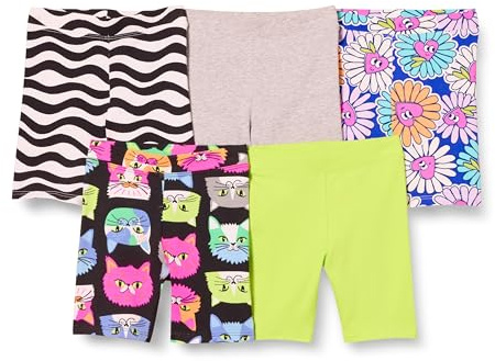 Amazon Essentials Girls' Midi Bike Shorts, Pack of 5, Black Cat/Blue Flowers/Grey/Lime Green/White Waves Print, Small