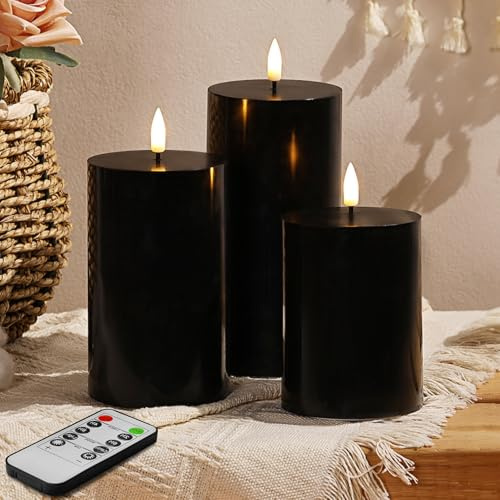 Eywamage Black Flameless Halloween Pillar Candles with Remote, Real Wax Flickering LED Battery Candles Set of 3