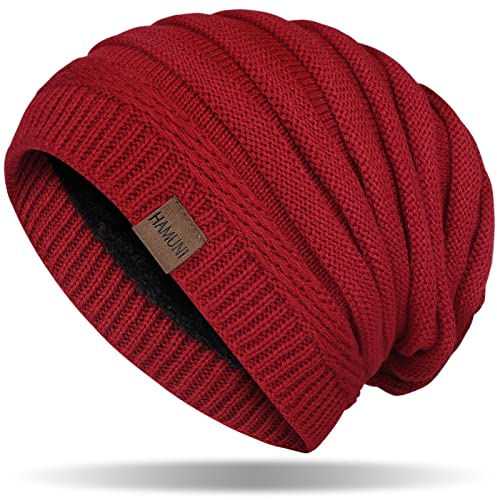 HAMUNI Mütze Damen, Atmungsaktiv Strickmütze Herren, Warme Wintermütze Damen, Street Style Slouch Beanie Mütze Herren, Klassische Unisex Winter Mütze mit Weichem Bequemem Fleece Innenfutter