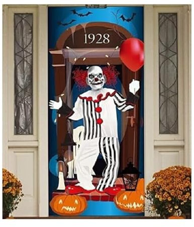 Creepy Clown Door Cover Wall Scene Setter Halloween Decoration Poster Scary It - 76cm x 182cm