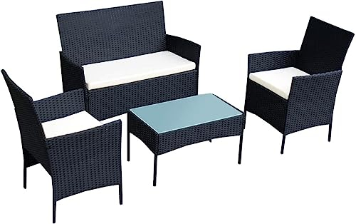 Walthart Germany seit 1928 Polyrattan Sitzgruppe Fort Myers 4 Personen 2er Sofa, 2 Stühle, Tisch & Sitzkissen wetterfest Rattan schwarz Polster Creme Balkonmöbel Gartenmöbel Set