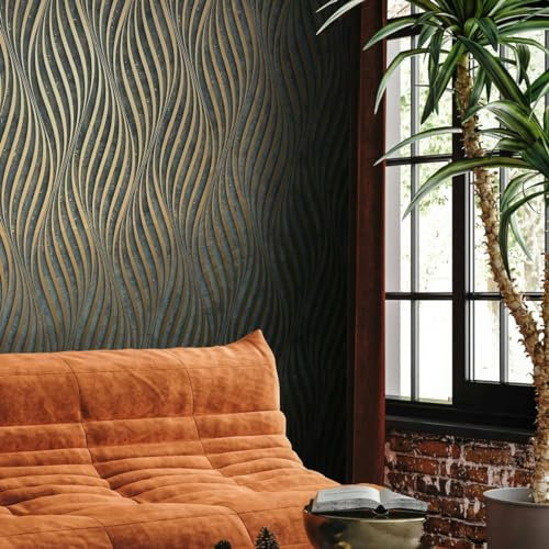 K&L Wall Art moderne Vliestapete glänzende Strukturtapete Vintage Wohnzimmer Bilder Luxustapete inkl. Tapezier-Ratgeber (Glamour Schwarz Gold)