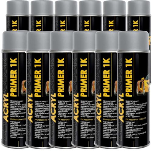 Deco Color 12 STÜCK ACRYL CAR LINE Grundierung GRAU 500ml - Haftgrund für z.B. Alufelgen, KFZ, Holz, Beton (12 Dosen 500ml Grundierung Grau)