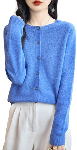 Chanyarn Cardigan Girocollo da Donna 100% Lana Merino Primavera Maniche Lunghe Senza Cuciture Maglia Cardigan Maglione (Star Blue,L)