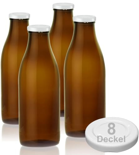 Geniess-Bar! 4 Braune Milch Glas Flaschen 1 Liter Milchflaschen 8 Twist off Schraubverschluss Deckel leer zum Befüllen erhältlich mit 2/4/6/9/12/15 Glasflaschen hitzebeständig