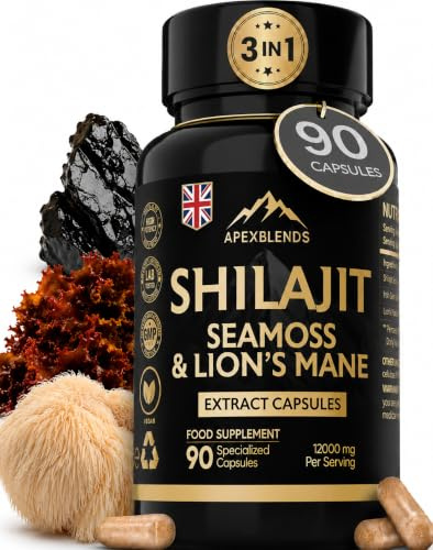 3-in-1 Shilajit, Seamoss and Lions Mane Capsules - High Strength 12000mg Lion's Mane Shilajit and Irish Sea Moss | Fulvic Acid, Organic Sea Moss | Supplements for Men and Women | 90 Vegan Capsules