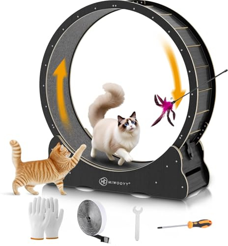 Svart Katthjul 132 cm i Trä, Tyst och Stabilt för Innekatter | Säkerhetslås, Glipa på under 6 mm Skyddar Tassarna, Klarar 20 kg, Avtagbar Kardborrematta, Lätt att Rengöra