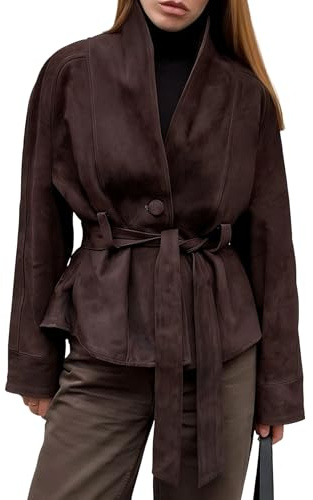 Giacca da donna alla moda in finta pelle scamosciata, manica lunga, con cintura, cappotto, capospalla casual alla moda