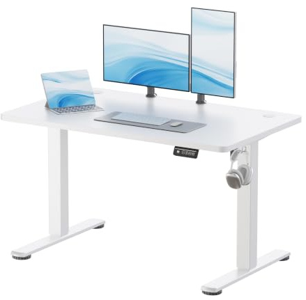 JUMMICO Bureau Assis-Debout Électrique 120 x 60 cm, Blanc | Bureau Informatique Réglable en Hauteur avec 2 Mémoires, Poste de Travail Ergonomique avec Passe-Câble et Crochet Offert